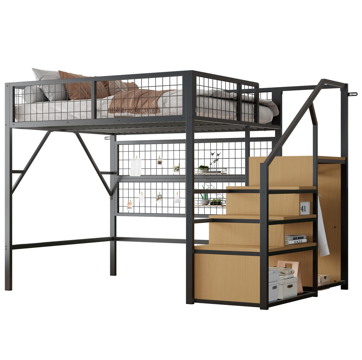 HOCHBETT aus Metall 140/200 cm mit App-gesteuerter LED-Beleuchtung, Treppe mit Stauraum und Kleiderschrank, Schwarz - Schwarz, Metall (140/200cm) - Redom
