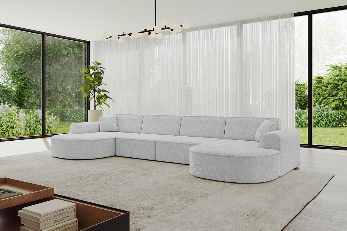 WOHNLANDSCHAFT MARI-U2 - 380x163x73,5 cm Hellgrau Bouclé - Hellgrau/Schwarz, Holzwerkstoff/Kunststoff (380/73.5/163cm) - ALTDECOR