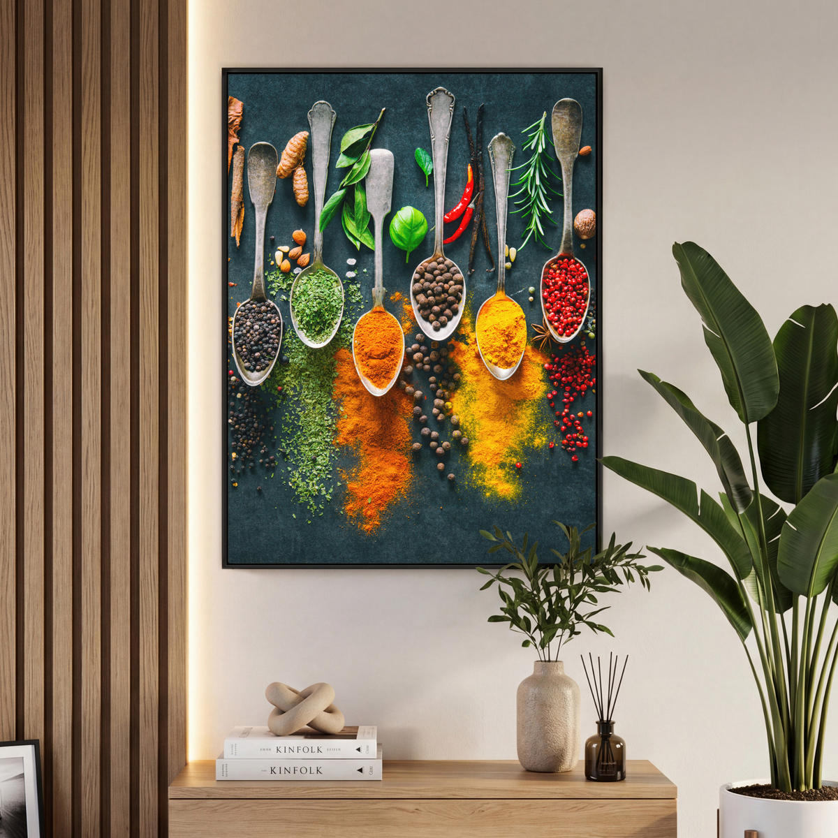 LEINWAND Bilder mit Rahmen - Kräuter - Gewürze - Löffel - 70x100 - Currygelb, Textil (70/100cm) - MuchoWow