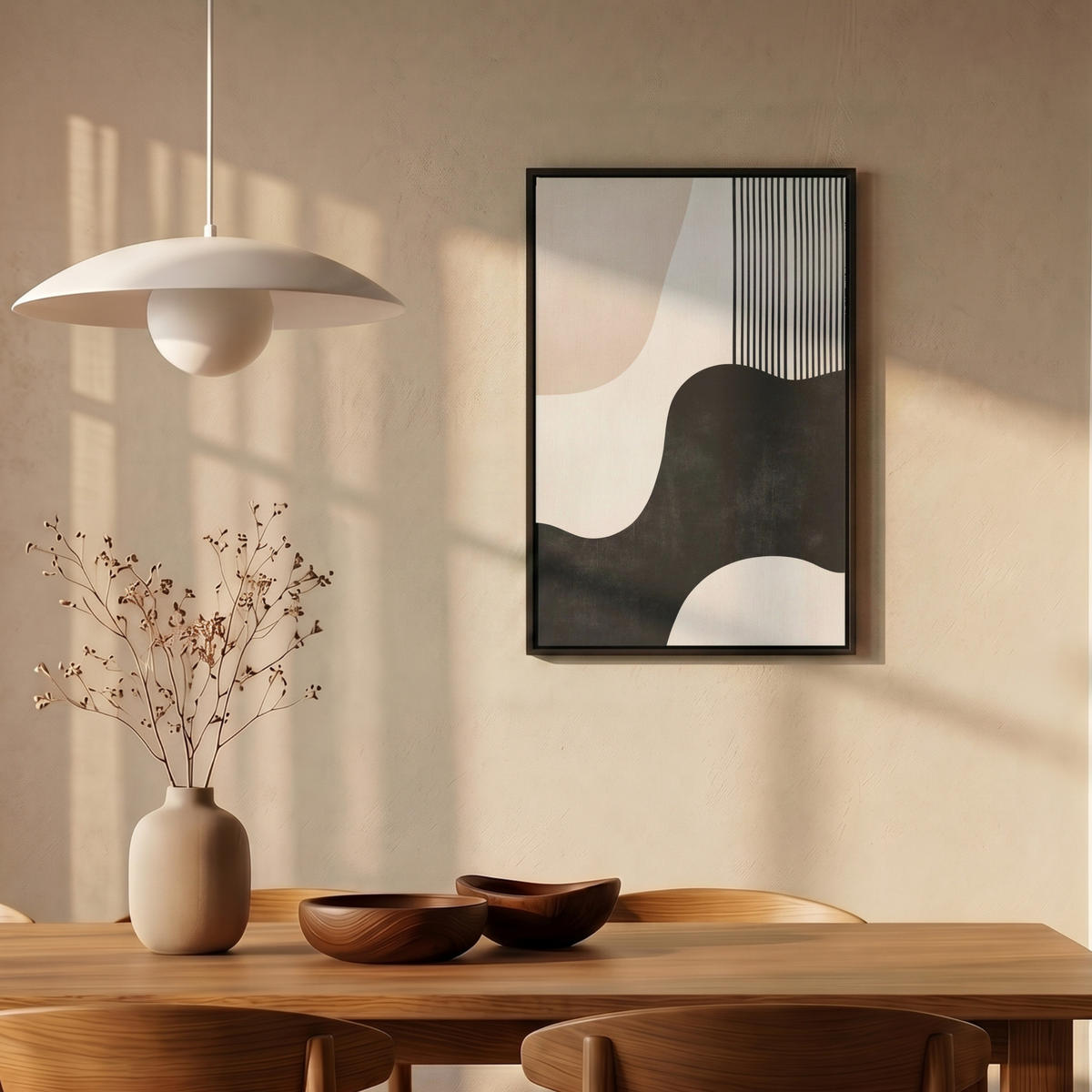 LEINWAND Bilder mit Rahmen - Abstrakt - Japandi - Beige - Modern - 40x60 - Schwarz, Textil (40/60cm) - MuchoWow