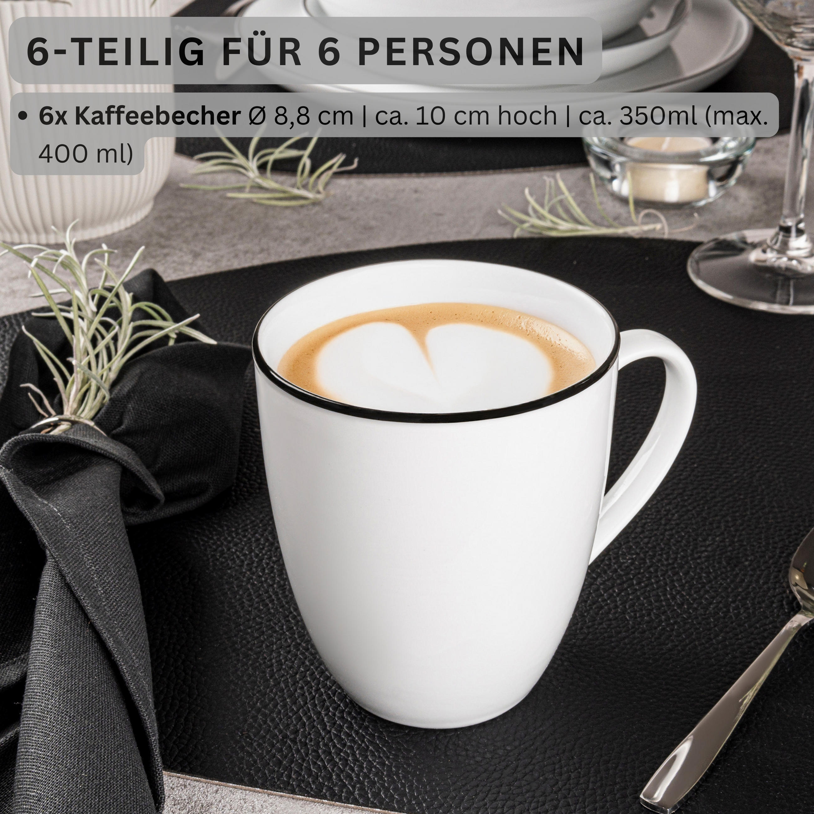 KAFFEEBECHER SET MARLO BLACK RIM LIMITED EDITION - 6 teilig aus Porzellan - Weiß, Keramik (0.35L) - Sänger