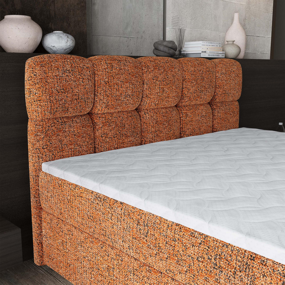 BOXBETT BRUME 180x200 cm mit Matratze und Topper, H2+H3 - Orange - Orange, Holz (180/200cm) - MASSENO
