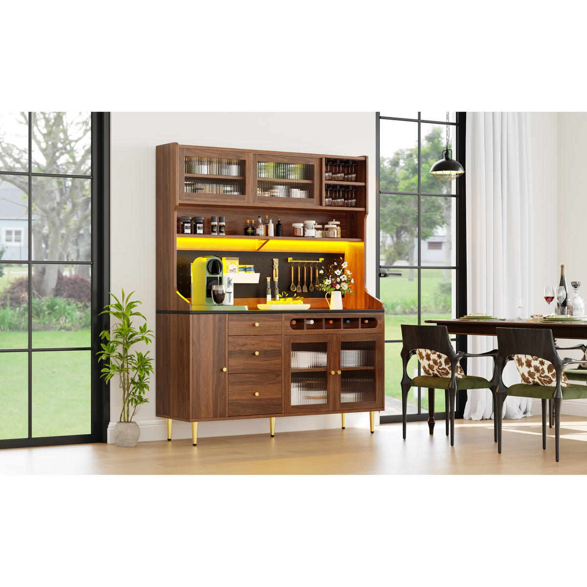 KÜCHENSCHRANK 145x39x171 cm, LED-Beleuchtung, Schiebetüren, Weinregal, Walnuss - Walnussfarben, Holzwerkstoff (145/171/39cm) - FOHERE