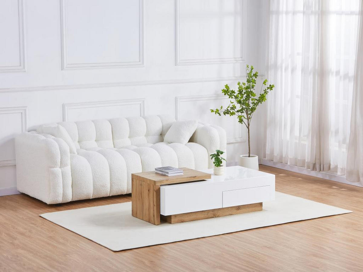 AUSZIEHBARER Couchtisch - 1 Schublade und 1 Ablagefach - MDF - Holzfarben und Weiß - MANDREA - Naturfarben, Holz (178/60/38cm) - Vente-Unique