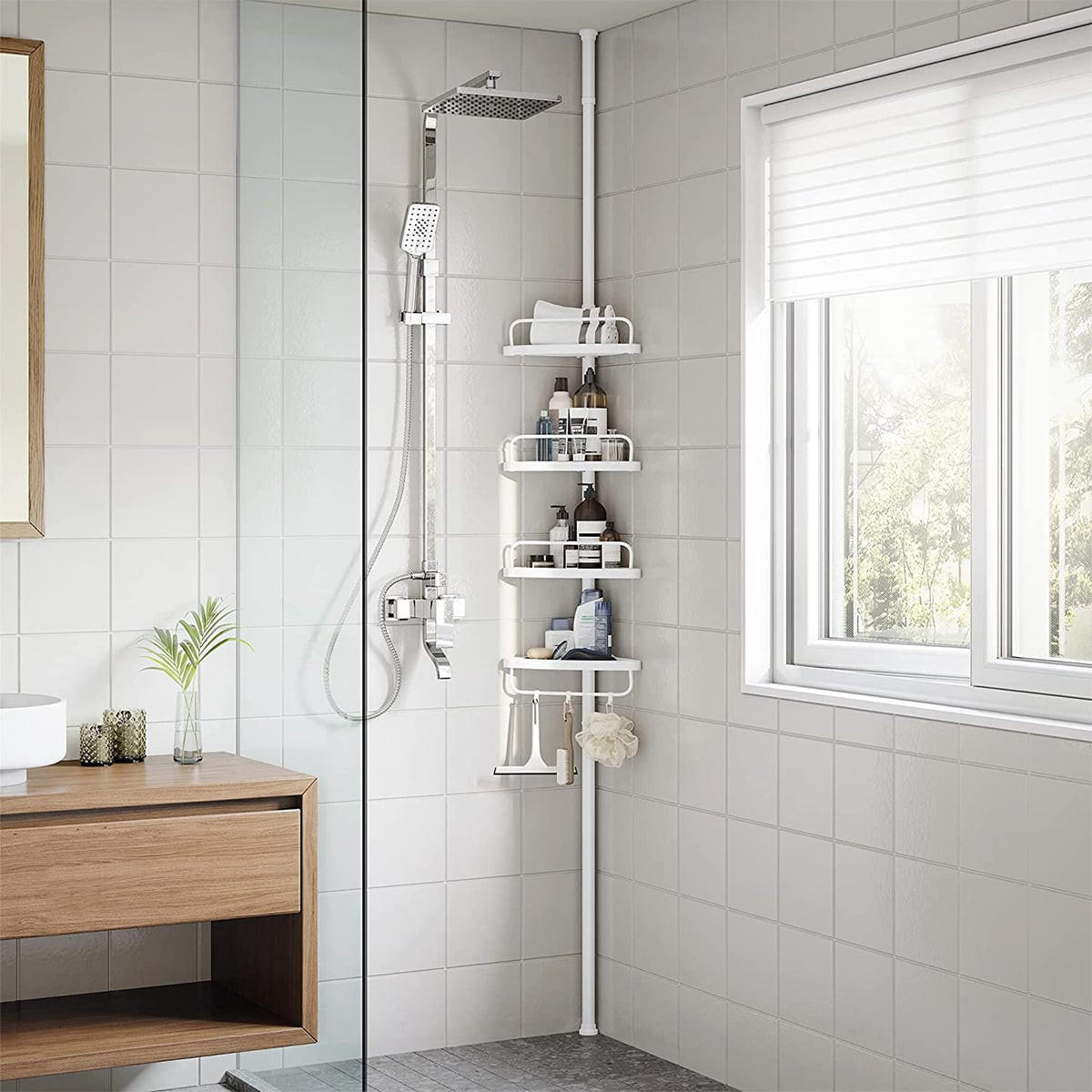 DUSCHREGAL mit 4 Ablagen - H85/305 cm, verstellbar - Weiß, Metall (25/85/35cm) - Calicosy