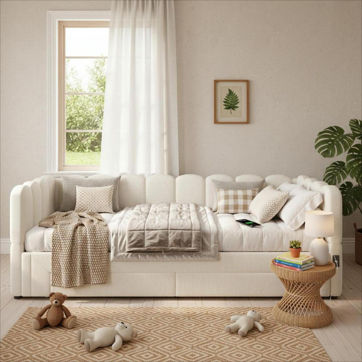 TAGESBETT ausziehbar 90x200/180x200 cm Leinen Beige mit 2 Schubladen - Beige, Holz (90/200cm) - Meubliv