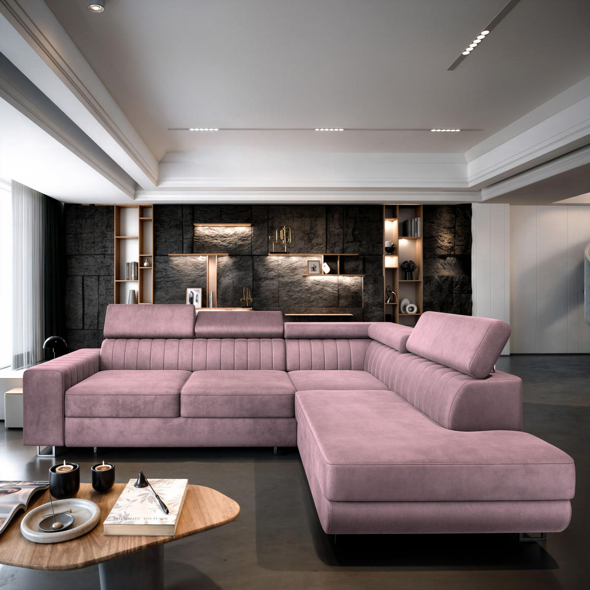 ECKSOFA NOLA R-S Lila Velours-Stoff mit Schlaffunktion - Lila, Holz (253/190cm) - MASSENO