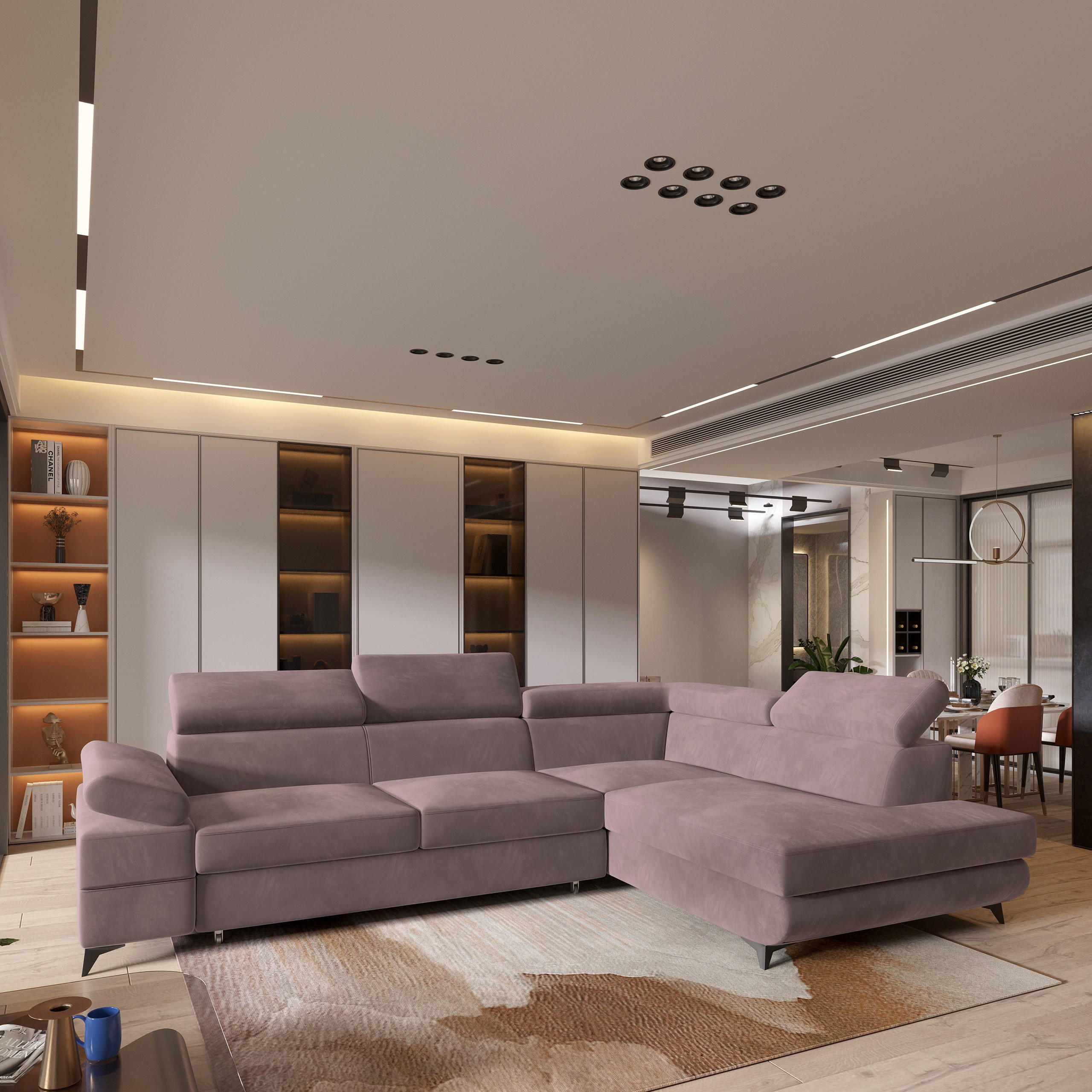 ECKSOFA FAVIEN R-S Lila Velours-Stoff mit Schlaffunktion - Lila, Holz (257/190cm) - MASSENO
