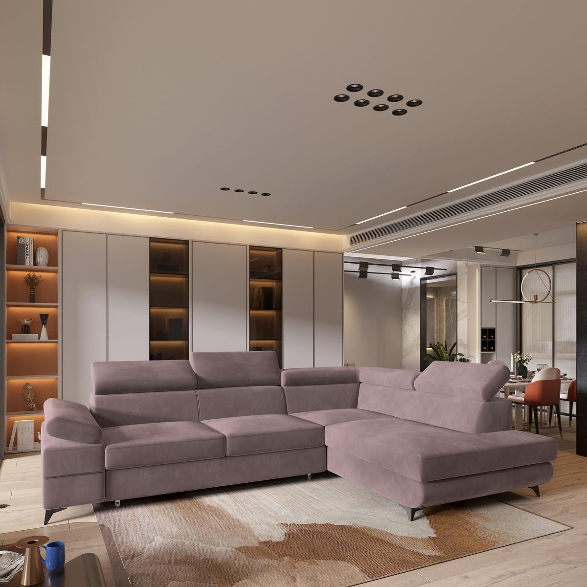 ECKSOFA FAVIEN R-S Lila Velours-Stoff mit Schlaffunktion - Lila, Holz (257/190cm) - MASSENO