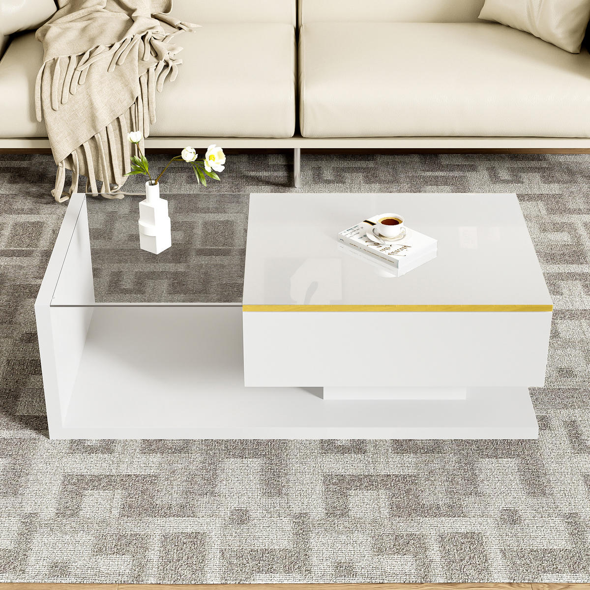 COUCHTISCH 100cm Weiß Hochglanz LED Effekt Glasplatte Beistelltisch - Weiß, Holz (112.98/60.96/14.99cm) - FLIEKS