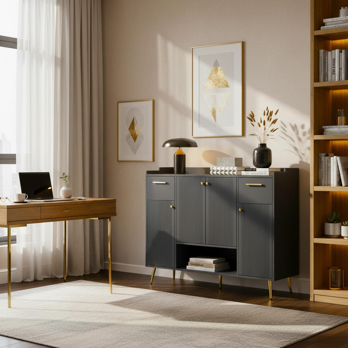 SIDEBOARD 2 Schubladen, 4 Türen, Metallfüße Modernes Design, Viel Stauraum, Schwarz - Schwarz, Holzwerkstoff (130/100/37cm) - Urban Meuble