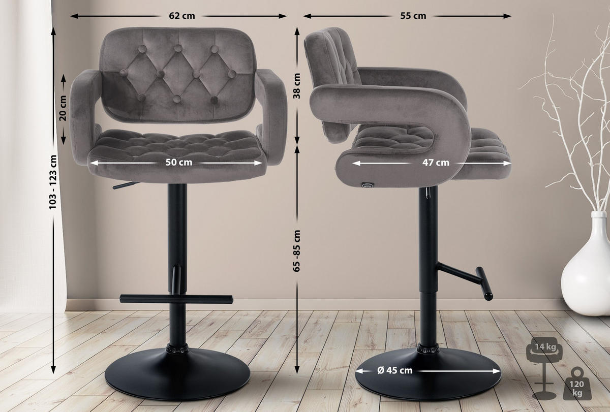 BARHOCKER Samt grau - Schwarz/Grau, Textil (62/103/55cm) - CLP