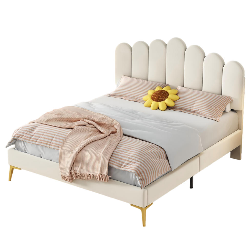 OKWISH ČALOUNĚNÁ postel 140/200 cm béžová ze sametu s nastavitelným čelem a lamelovým roštem