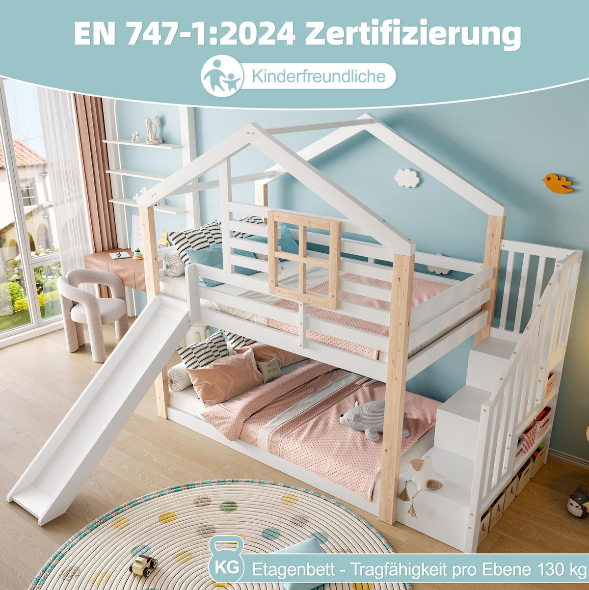 ETAGENBETT mit Rutsche und Stauraum 90x200 cm Holz Weiß - Weiß, Holzwerkstoff (90/200cm) - Beauniv