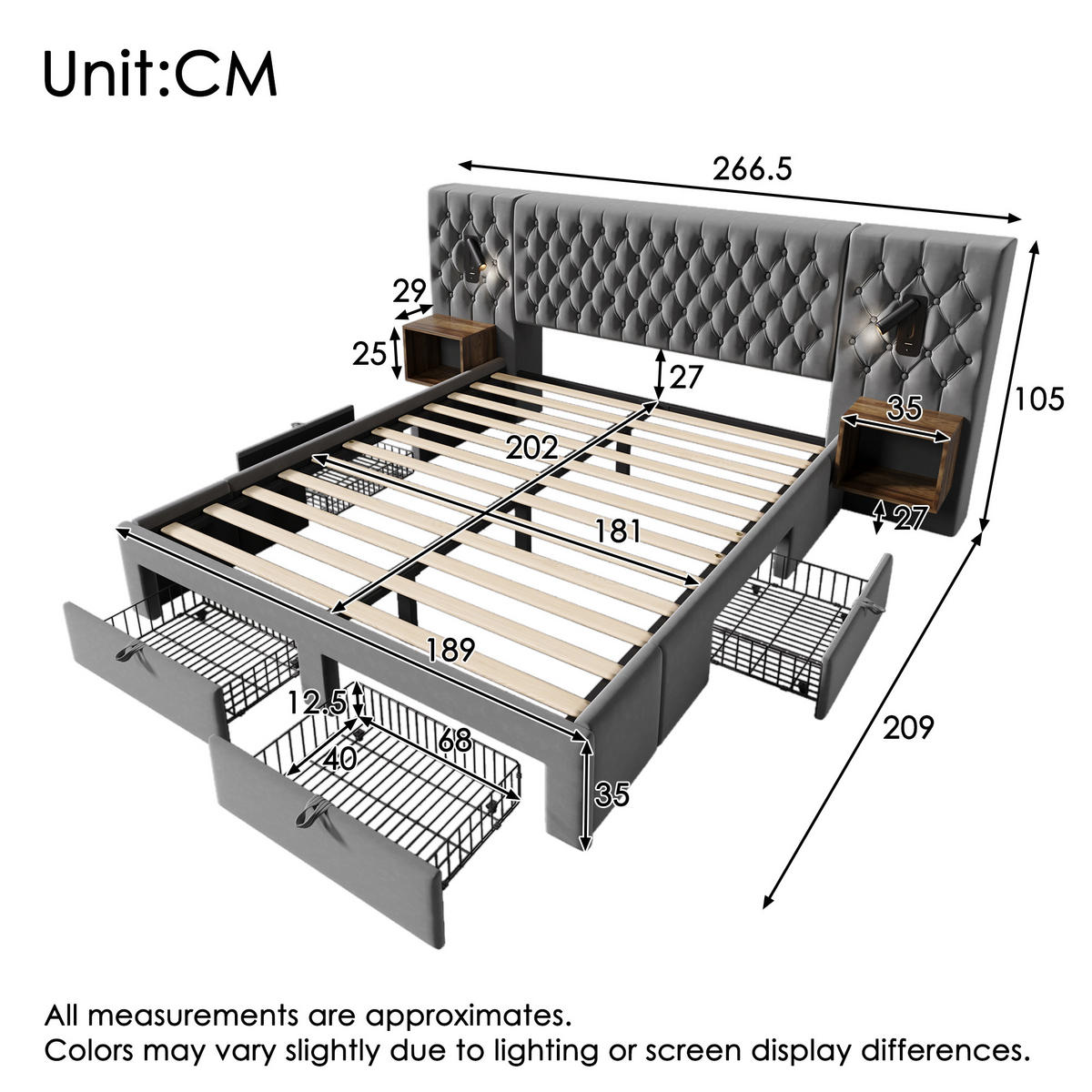 POLSTERBETT 180/200 cm aus Samt mit 2 Nachttischen, 4 Schubladen, Leselicht und USB/Type-C, Grau - Grau, Textil (180/200cm) - Redom