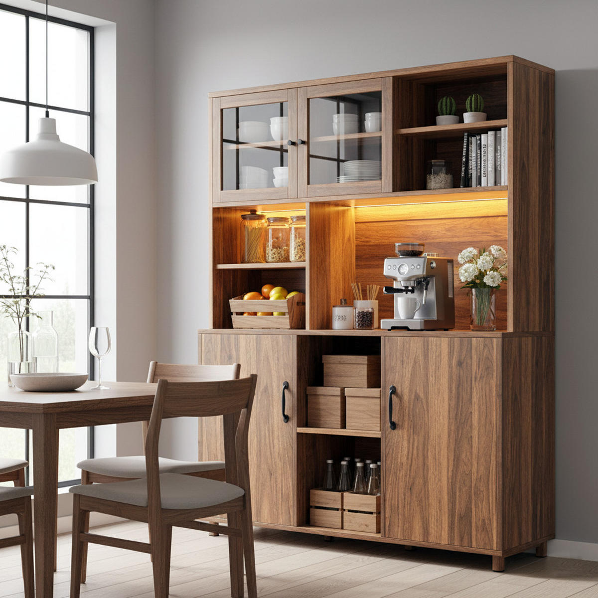 HIGHBOARD Holzoptik Walnuss mit LED & Glastüren - Walnussfarben, Glas/Holzwerkstoff (120/185/40cm) - Urban Meuble