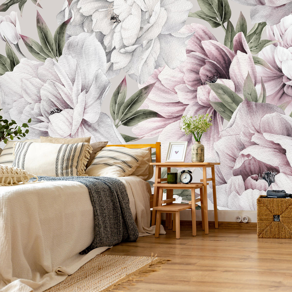 FOTOTAPETE für Schlafzimmer Pastell Pfingstrosen Boho Pflanzen 400x280 - Violett/Rosa, Papier (400/280cm) - Muralo