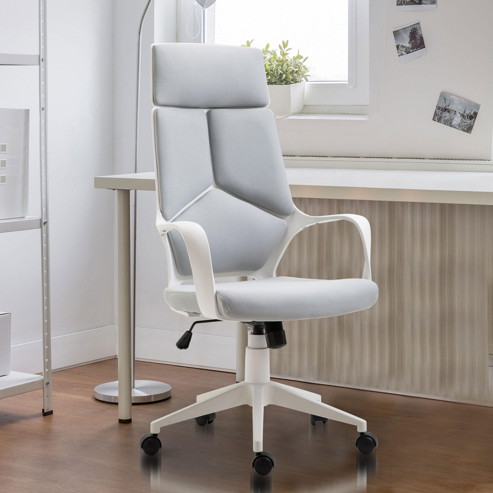 BÜROSTUHL Ergonomischer Schreibtischstuhl mit Armlehne, Wippfunktion Grau - Weiß/Grau, Kunststoff/Textil (63/127/63cm) - HOMCOM