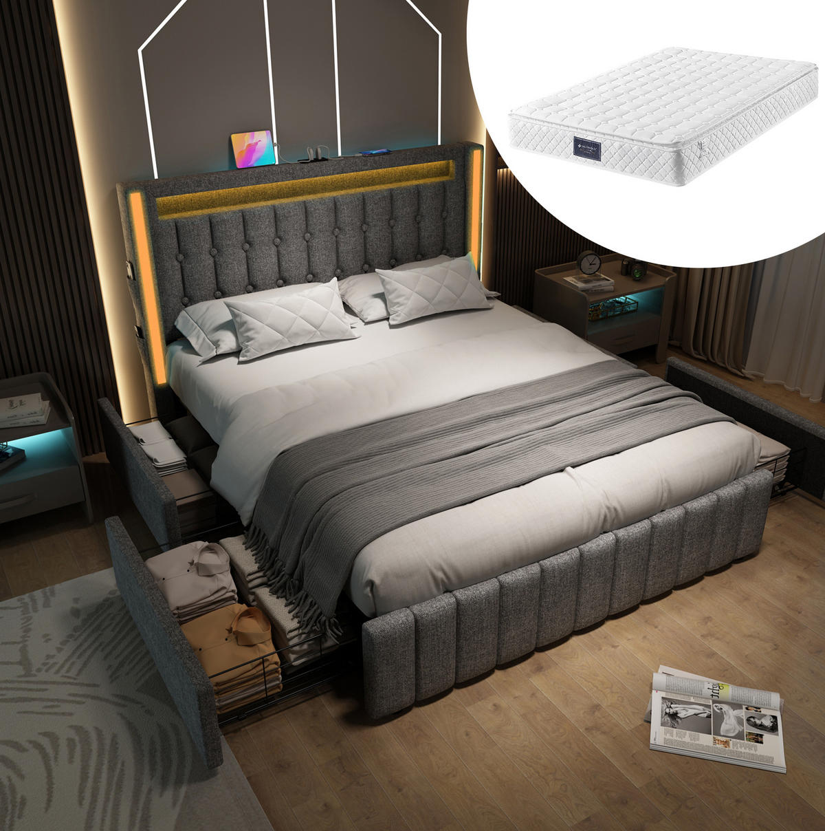 TAPECIRANI krevet od lanene tkanine 160x200 cm sivi s LED rasvjetom, USB-C priključkom, 4 ladice i madracem - siva, tekstil (160/200cm) - Modfu