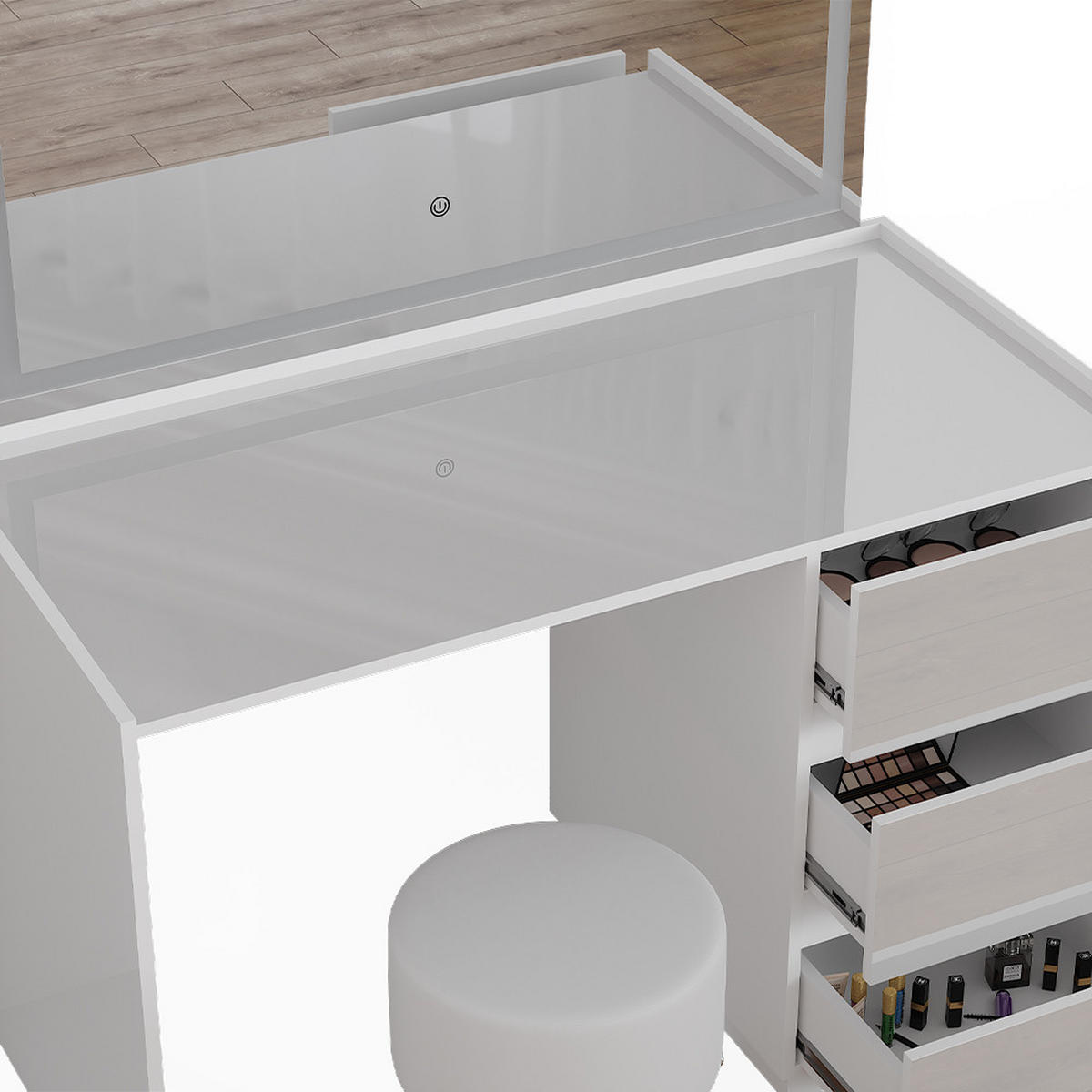 SCHMINKTISCH Marla Weiß Hochglanz 120 cm mit LED-Spiegel und Hocker - Weiß Hochglanz, Holzwerkstoff (120/78.6/60cm) - Vicco