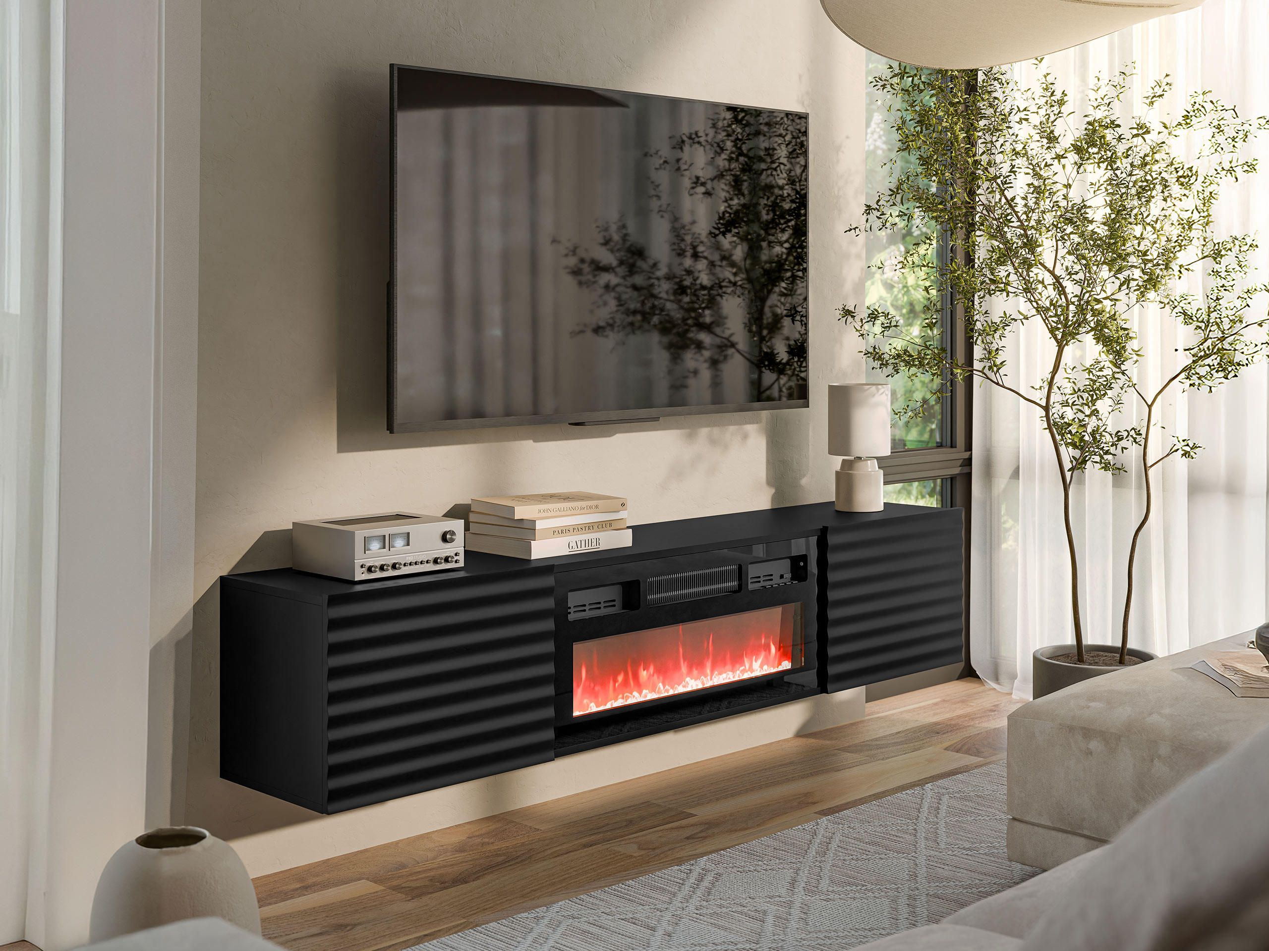 TV-LOWBOARD Tula mit Kamin - Schwarz, Holzwerkstoff (183/37/35cm) - MIRJAN24