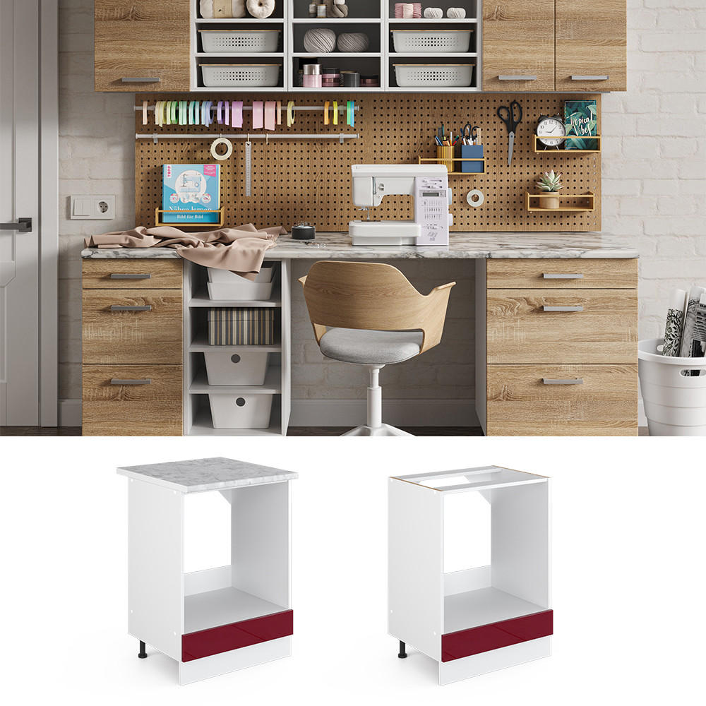 UNTERSCHRANK R-Line Bordeaux Hochglanz 60 cm mit Großnische, ohne AP - Bordeaux/Weiß, Holzwerkstoff (60/81.6/46cm) - Vicco