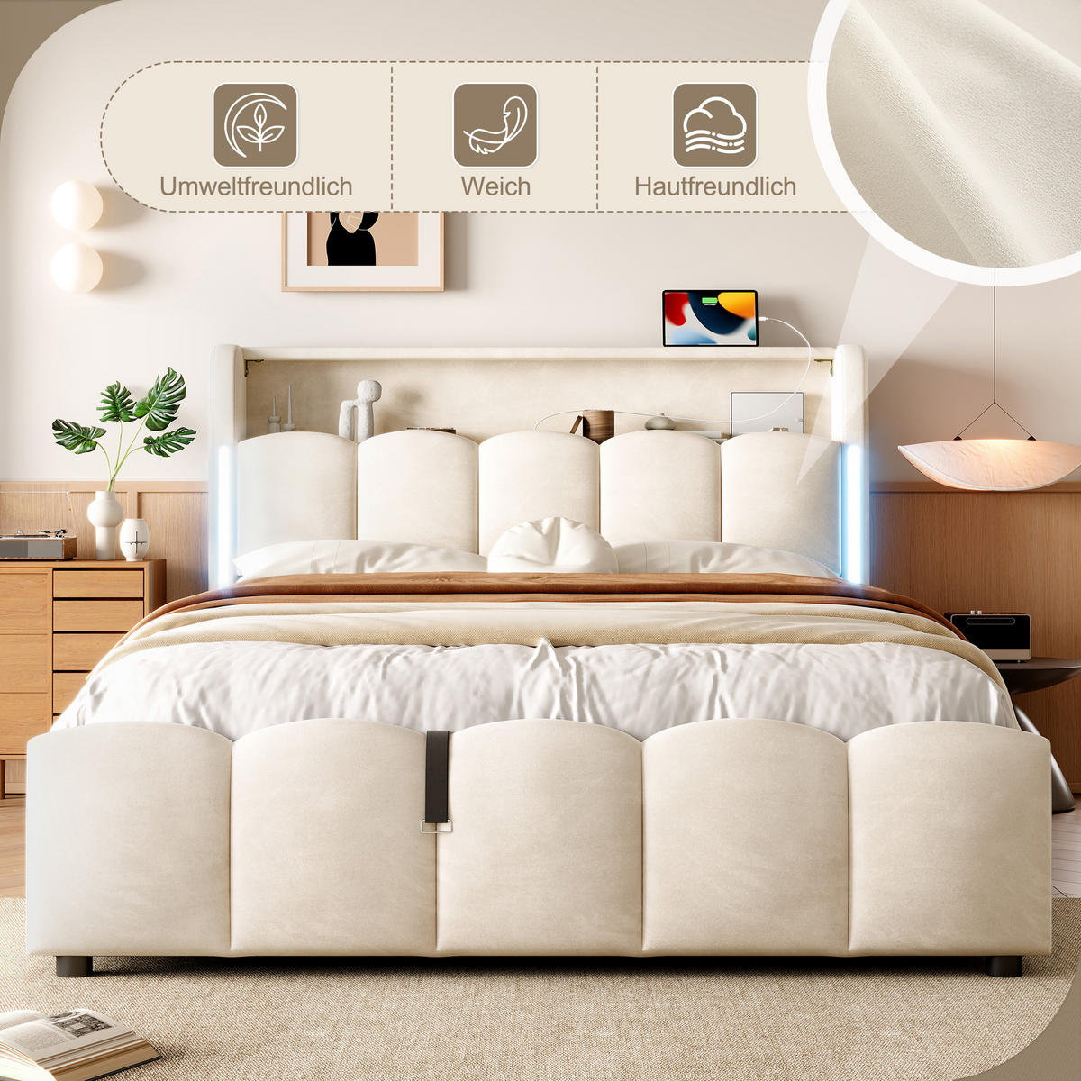 POLSTERBETT 140x200cm Beige Samt LED-Licht Kopfteil Hydraulik USB-C - Beige, Holz (140/200cm) - FLIEKS