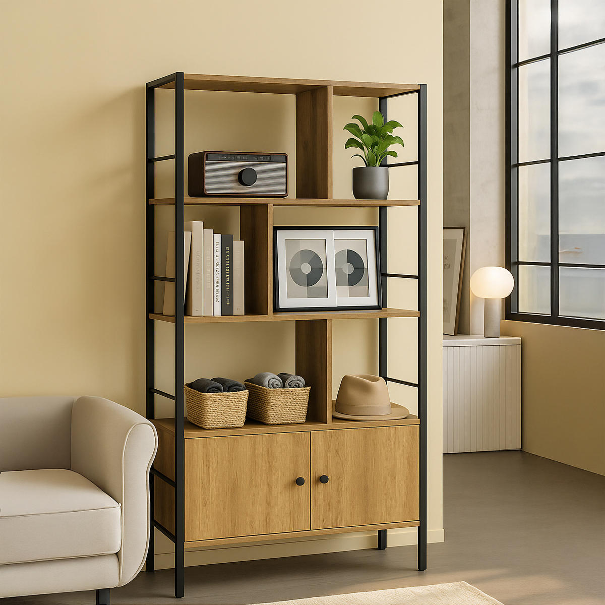 BÜCHERREGAL - Hellbraun, Holzwerkstoff/Metall (74/154.5/30cm) - Relaxdays