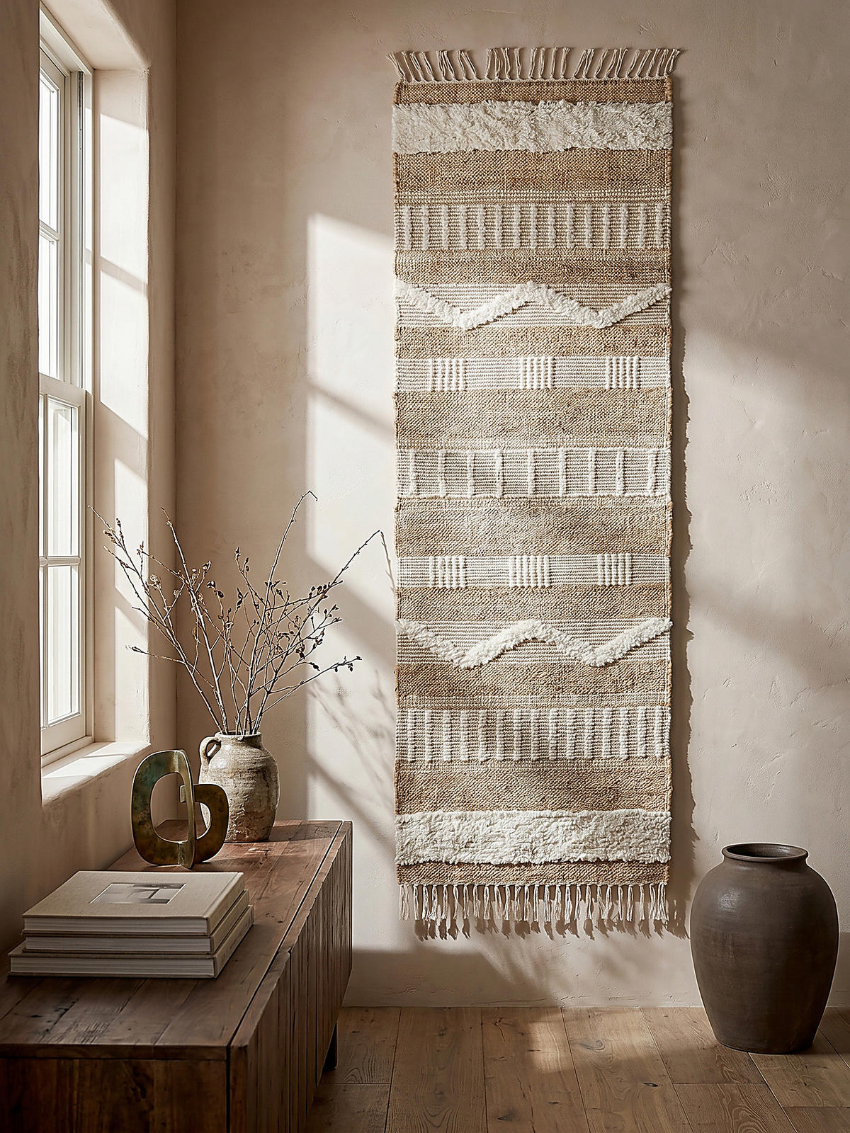 JUTETEPPICH handgewebt mit Fransen WHARFE, im Ethno-Stil, Natur-Weiß, 60 x 230 cm - Weiß, Textil (60/230cm) - KADIMA DESIGN