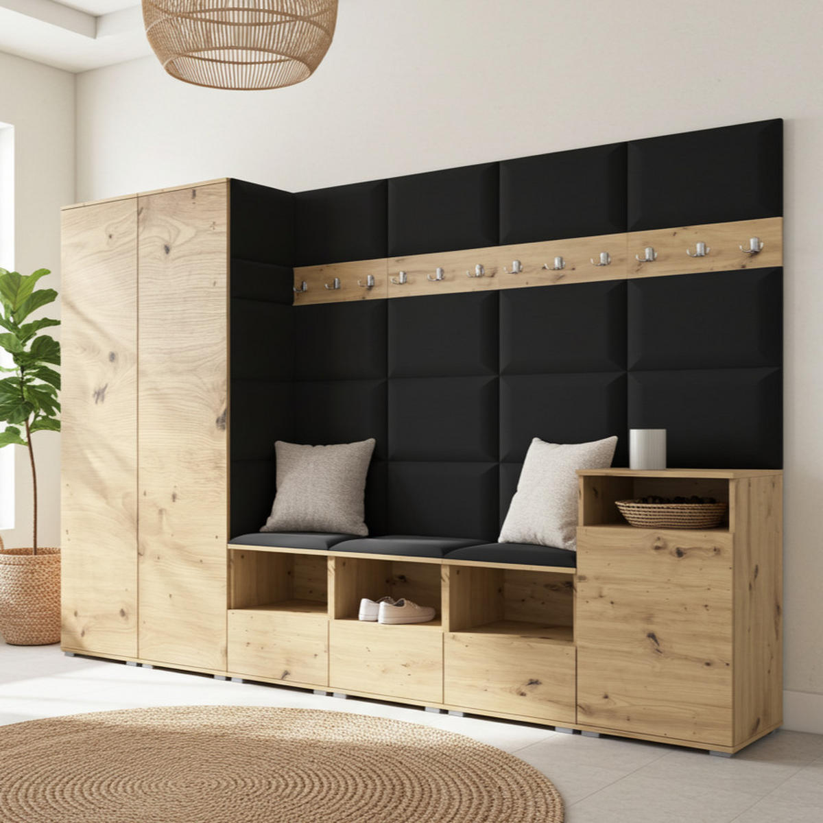 GARDEROBE NELA XII 300 cm (Modulare Flurmöbel Artisan Eiche mit Sitzpolster Schwarz 16 Gigantisches Set) - Silberfarben/Schwarz, Holz/Holzwerkstoff (300/187/40cm) - Ravio