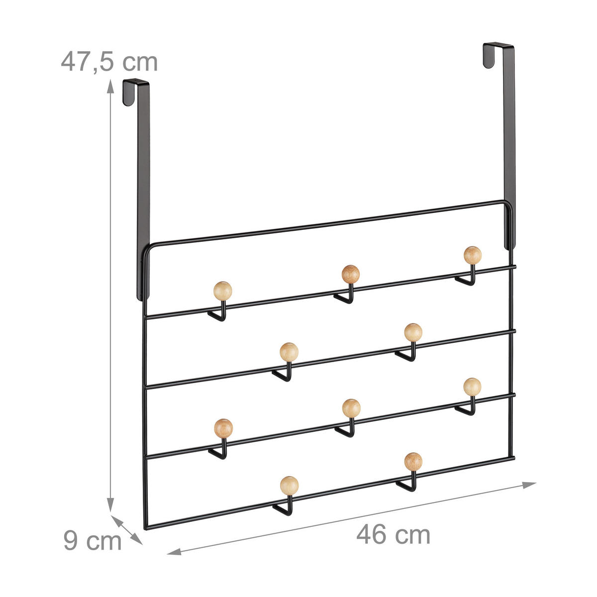 TÜRGARDEROBE Schwarz Natur 10 Haken - Schwarz, Holz/Metall (46/47.5/9cm) - Relaxdays