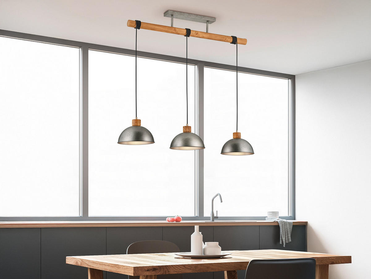 LED-PENDELLEUCHTE Breite 108cm, Holzbalken - Silberfarben/Naturfarben, Naturmaterialien/Metall (25/108/215cm) - meineWunschleuchte