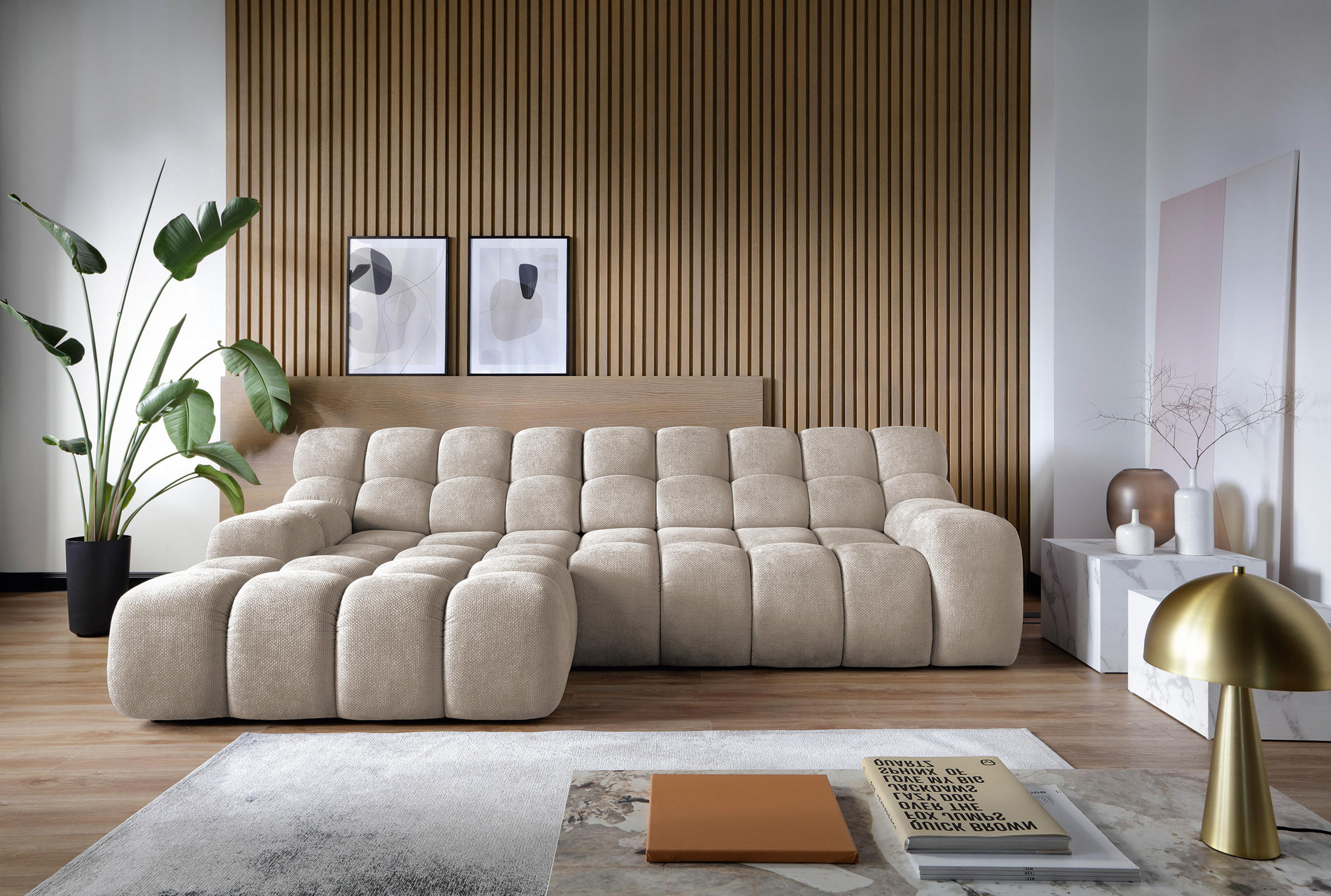 ECKSOFA CAMPILE mit elektrisch verschiebbarem Sitz, Grau, Links - Hellbraun, Holz/Textil (119/288cm) - DomoHome