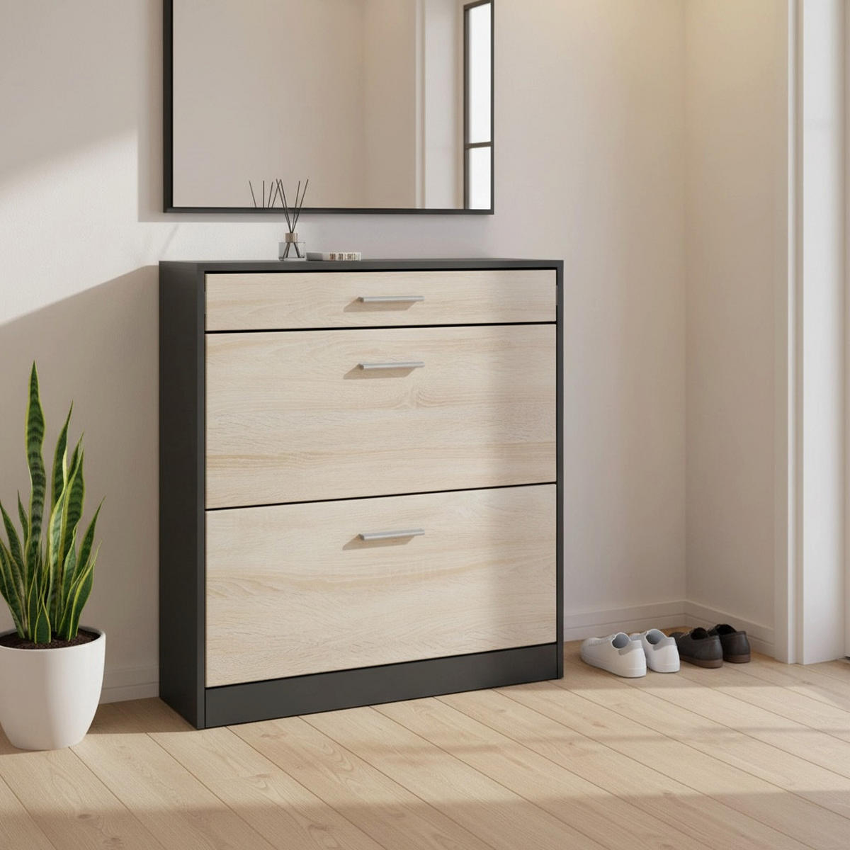 SCHUHSCHRANK Roma Schmal mit 2 Klappen und 1 Schublade, Platzsparender Schuhkipper, Schwarz/Eiche Sägerau (89 x 95,5 x 23 cm) - Eiche San Remo, Holzwerkstoff (89/95.5/23cm) - InnoFurn