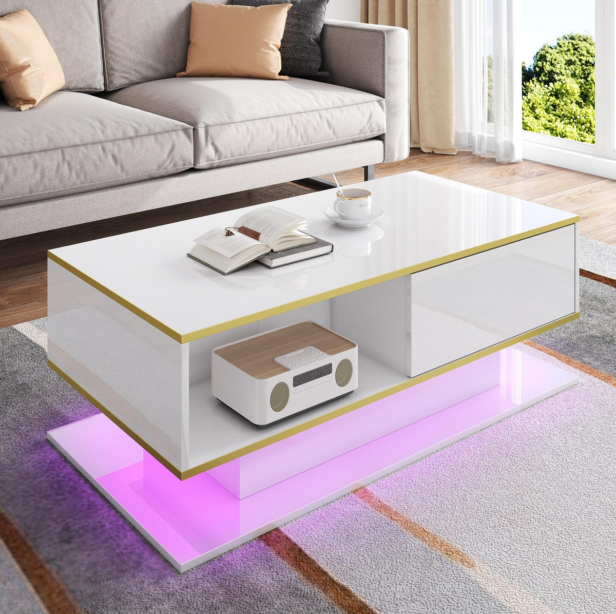 KONFERENČNÍ stolek z dřevotřísky, 100/50/40 cm bílá/zlatá, s LED osvětlením a 3 zásuvkami - bílá, kompozitní dřevo (100/50/40cm) - BEAOK