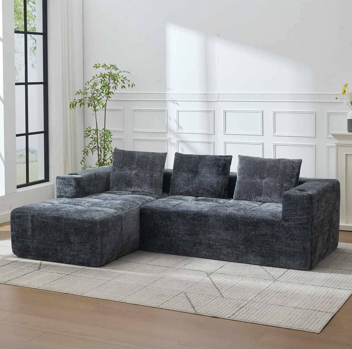 ECKSOFA 258 cm mit Becherhaltern, tiefer Sitzfläche und Chenillebezug, Grau - Grau, Textil (258/163cm) - Redom