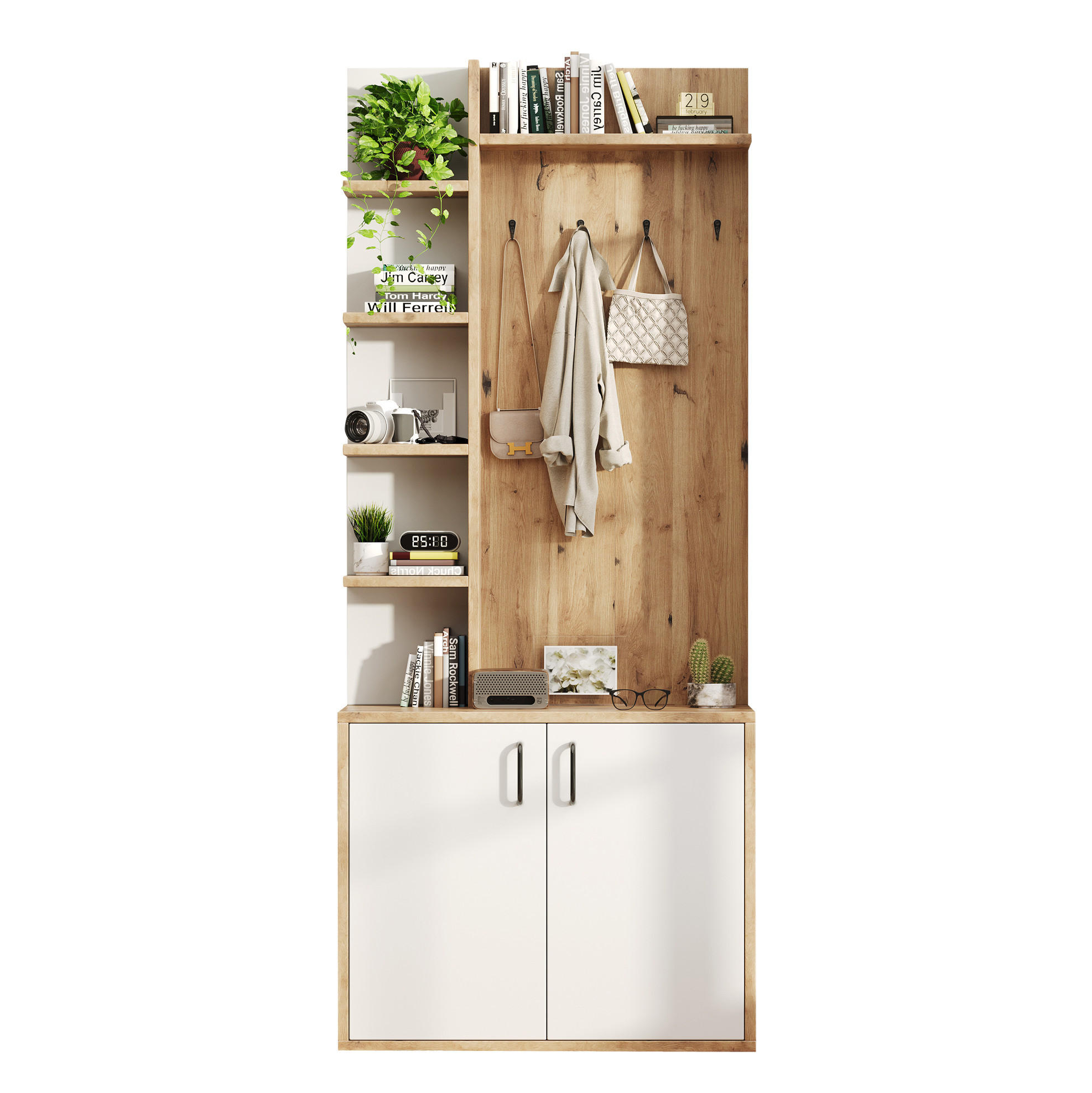 GARDEROBEN- und Schuhschrank, Spanplatte mit 6 Ablagen & Doppeltürschrank, 75/33/180 cm, Holz/Weiß - Naturfarben, Holzwerkstoff (33/180/75cm) - Redom