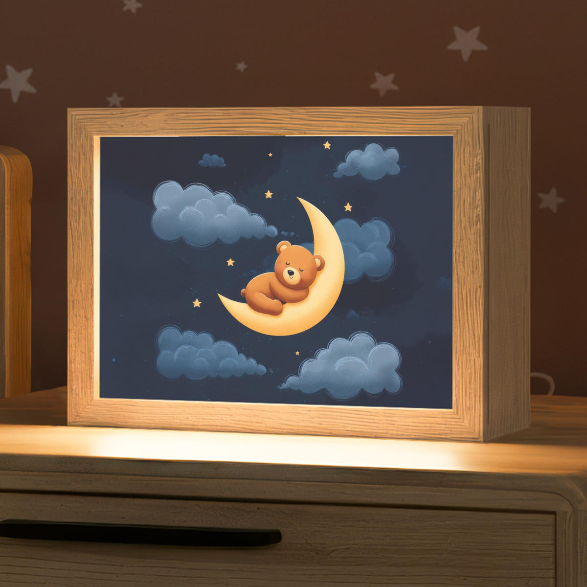 NACHTTISCHLAMPE Teddybär - Mond - Wolken - Sterne 20x15 cm - Dunkelblau, Holzwerkstoff (8/20/15cm)