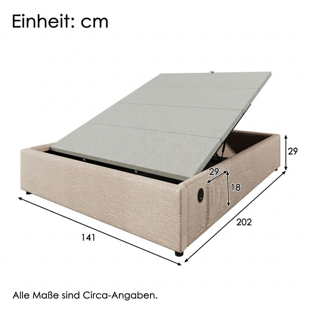 POLSTERBETT 140/200 cm Natürlich mit USB- C, Ohne Kopfteil - Naturfarben, Textil (140/200cm) - Oxeza