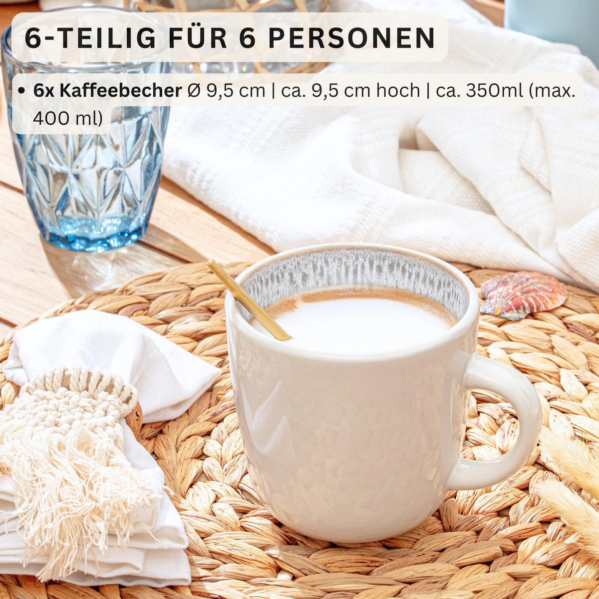 KAFFEEBECHER SET KRETA - 6 teilig aus Steingut - Creme, Stein (0.35L) - Sänger