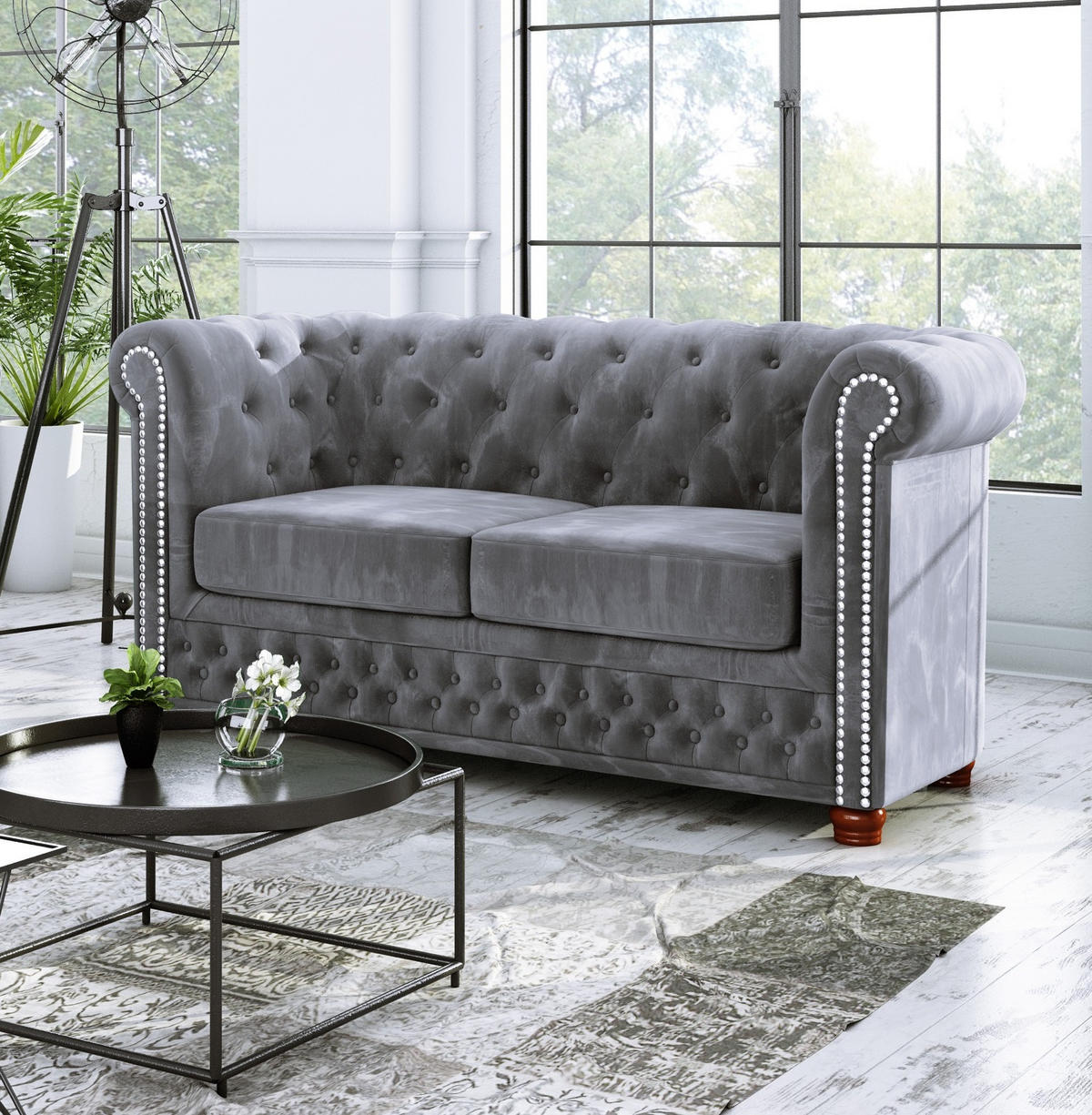 SITZGARNITUR 3+2+1 Chesterfield Lauren Grau Samt - Braun/Grau, Holz/Textil (203/72/86cm) - S-Style Möbel