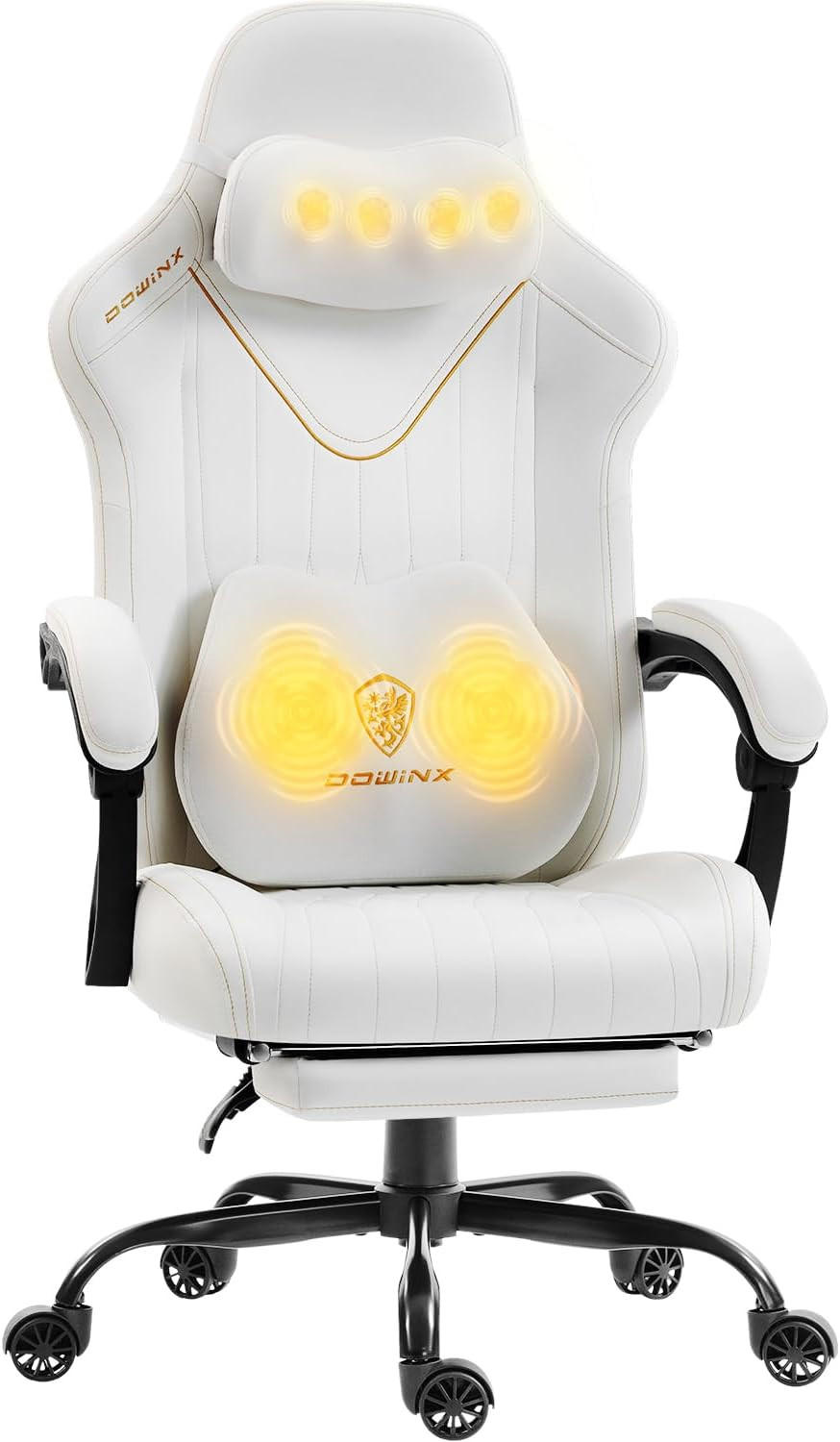 GAMING Stuhl mit Massagefunktion & Lendenwirbelstütze & Nackenstütze - Weiß, Leder (56/123/70cm)
