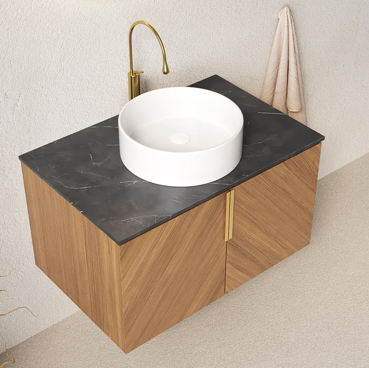 WASCHTISCHKOMBI 76/50/40 cm Braun-Eiche aus Sperrholz mit Keramikbecken und Soft-Close - Schwarz, Keramik (76/53.1/50cm) - OKWISH