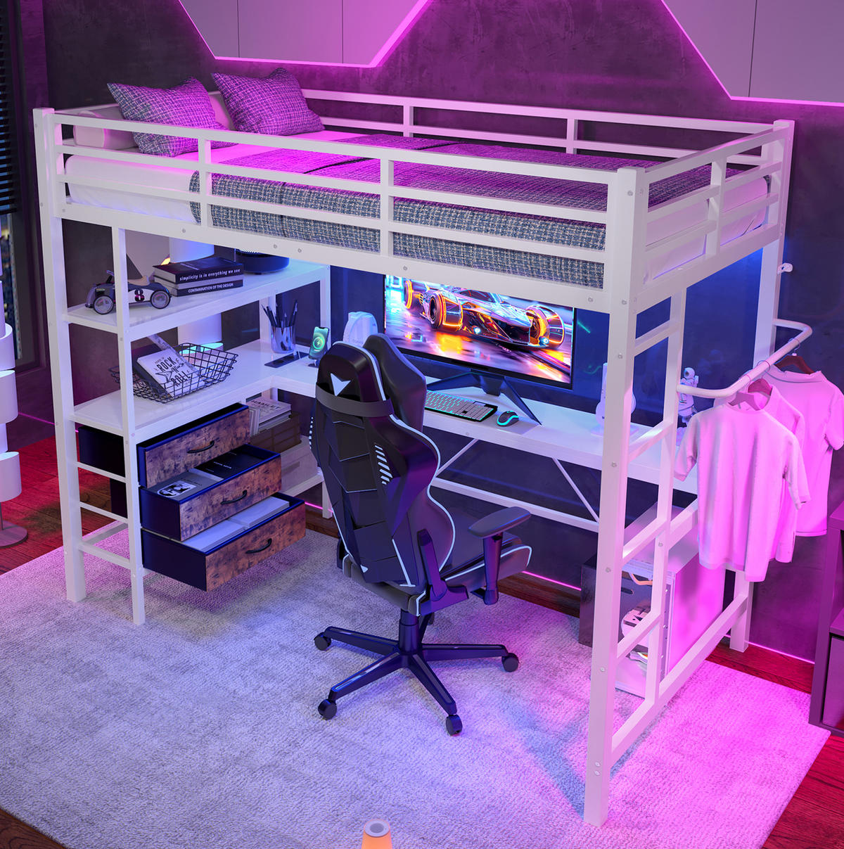 HOCHBETT 90/200 cm in Weiß mit LED-Beleuchtung, Schreibtisch und 3 Schubladen - Weiß, Metall (90/200cm) - Flora Grace
