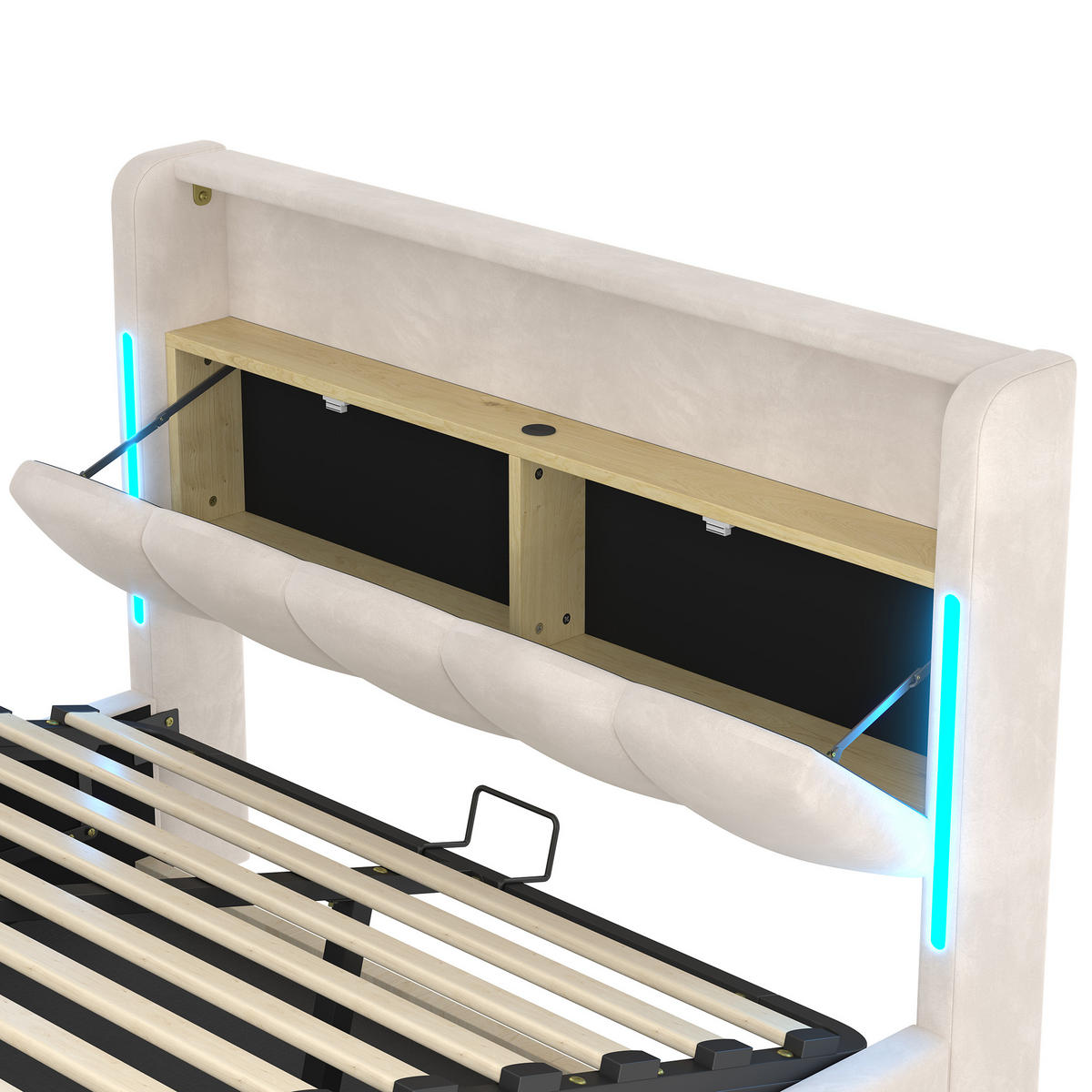 POLSTERBETT 140x200cm Beige Samt LED-Licht Kopfteil Hydraulik USB-C - Beige, Holz (140/200cm) - FLIEKS