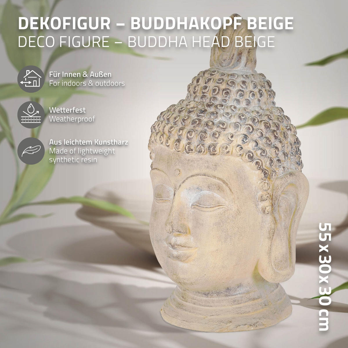 SOCHA HLAVY BUDDHY 55 cm béžová/šedá z polyresinu - béžová, plast (30/55/30cm) - ECD-Germany