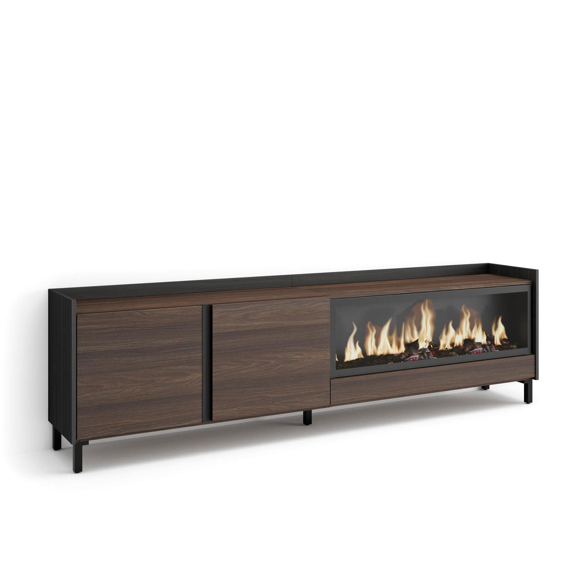 LOWBOARD, Eiche und Schwarz, 212/35/61cm, Kamin mit Feuereffekt XXL - Dunkelbraun, Holzwerkstoff (212/61/35cm) - Skraut Home