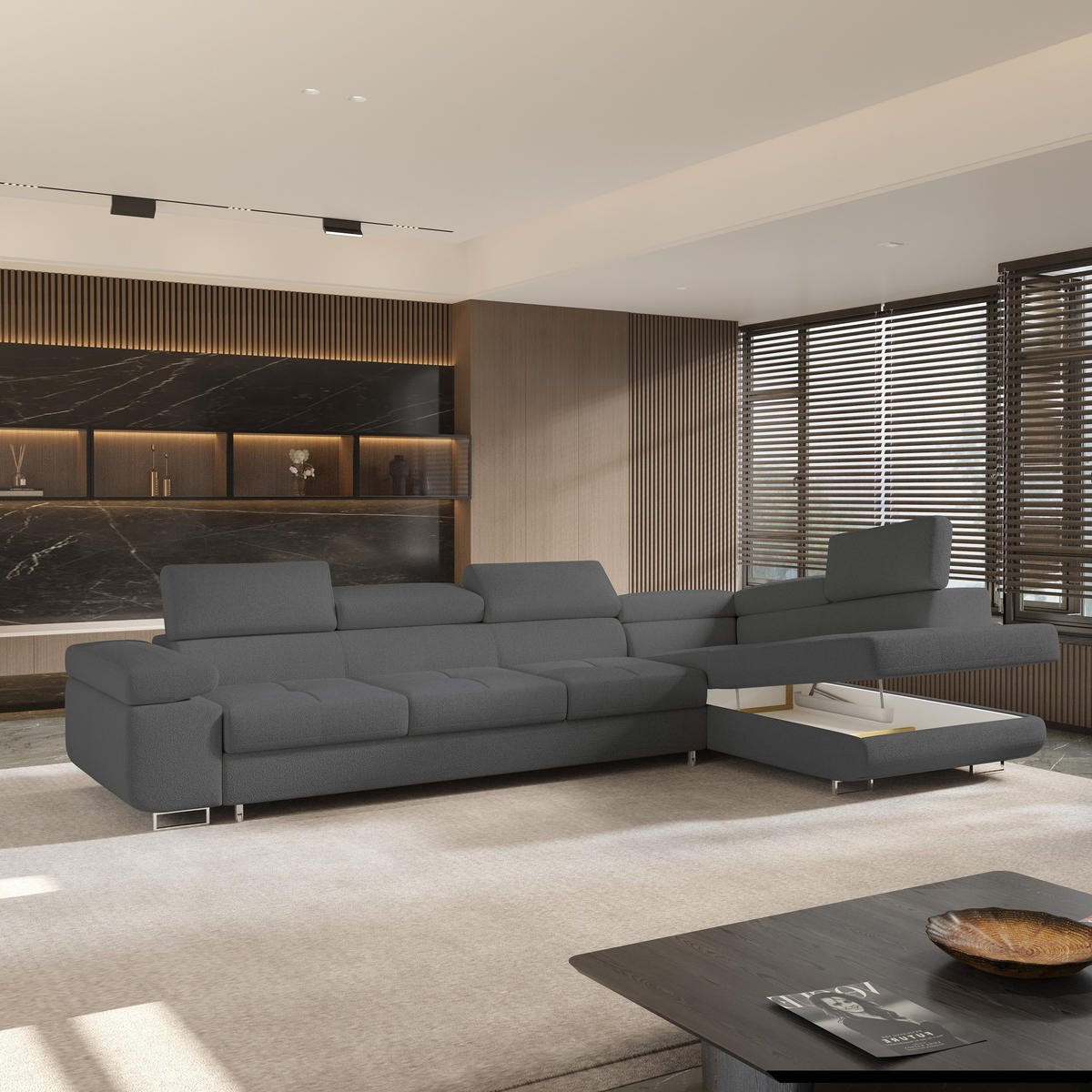 ECKSOFA VICENTE Grau Boucle-Stoff mit Schlaffunktion - Grau, Holz (346/202cm) - MASSENO