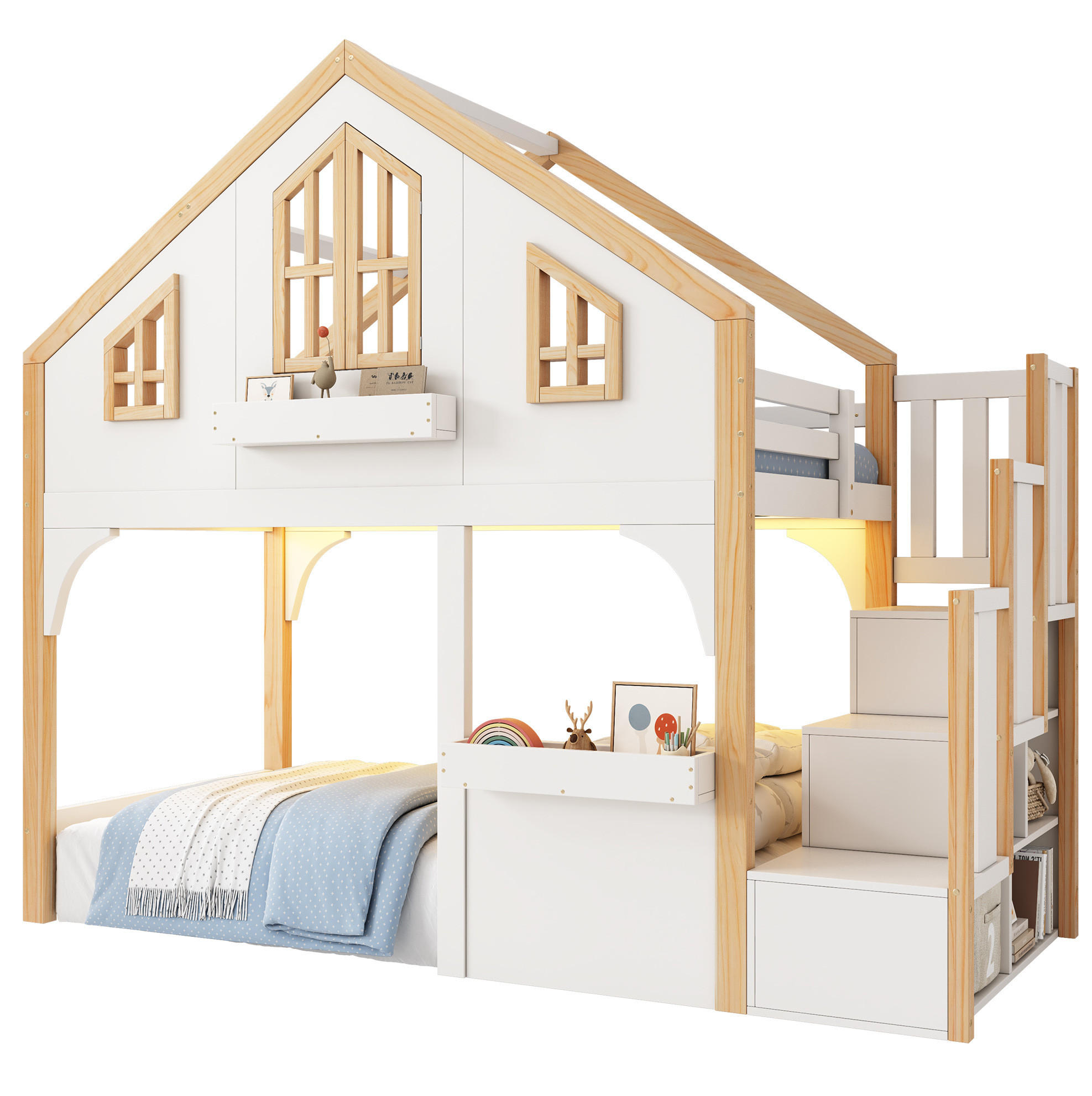ETAGENBETT mit Stauraumtreppe und LED 90x200 cm Kiefernholz Weiß - Weiß, Holzwerkstoff (90/200cm) - Beauniv