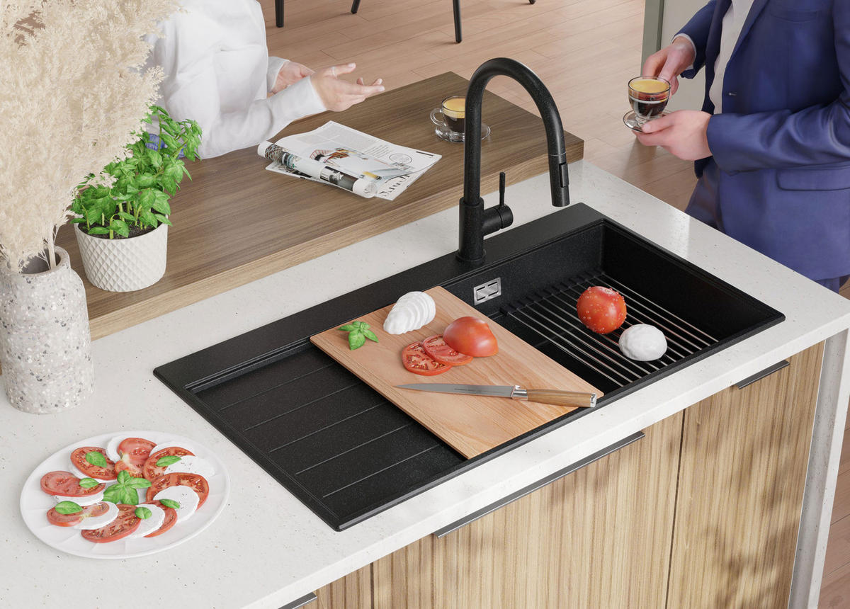 SPÜLBECKEN Sydney, 2-er set Anthrazit 90/50 cm 1 Becken + Ablauf-Set + Küchenzubehörset ab 60er Unterschrank - Chromfarben/Anthrazit, Kunststoff (90/20/50cm) - Primagran